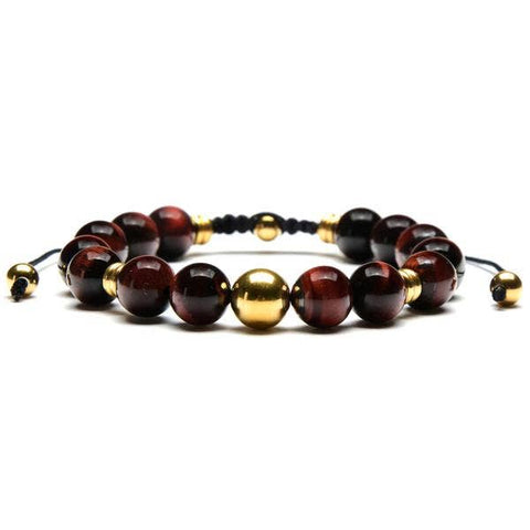 Stone and Gold Plated Beaded Adjustable Bracelet (10mm): Red Tiger's Eye