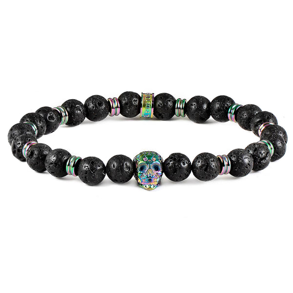 Crucible Skull and Lava Stone Beaded Stretch Bracelet (8mm)