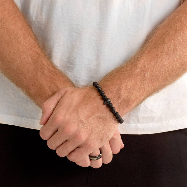 Crucible Skull and Lava Stone Beaded Stretch Bracelet (8mm)
