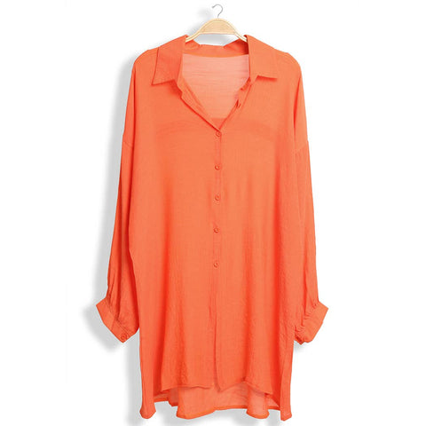 Women's Solid Color Button-Up Shirt Cover Up: One Size / Orange