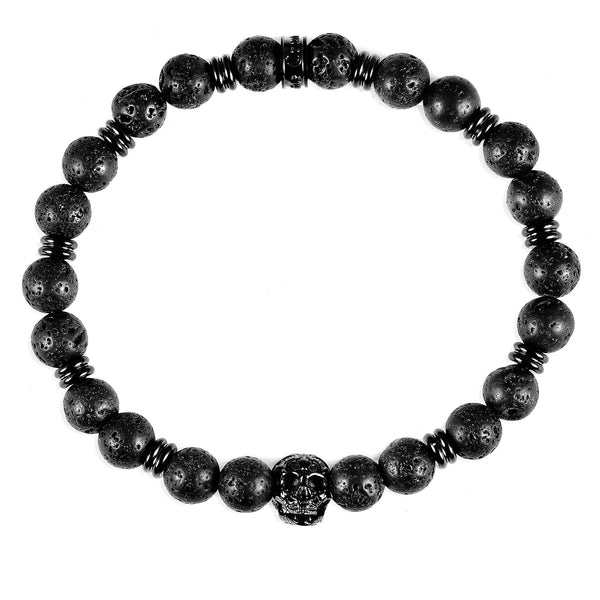 Crucible Skull and Lava Stone Beaded Stretch Bracelet (8mm)