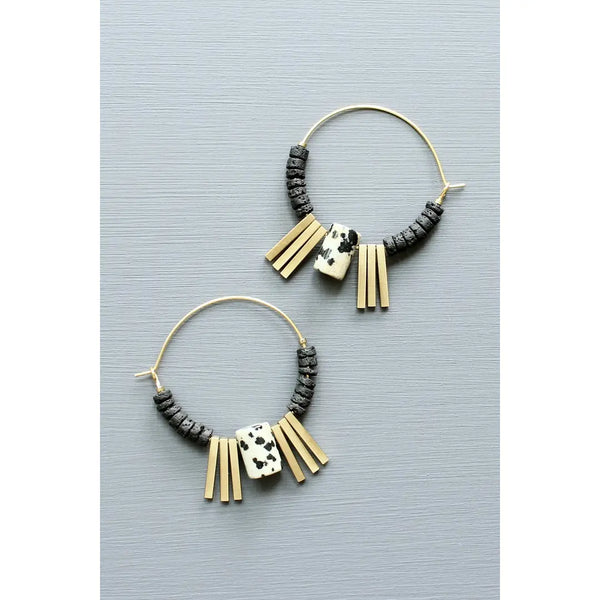 Lava Bead and Dalmation Jasper Hoop Earrings