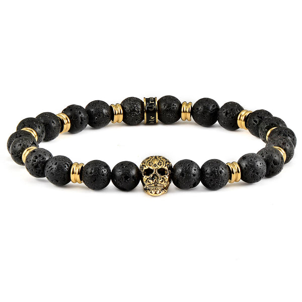 Crucible Skull and Lava Stone Beaded Stretch Bracelet (8mm)