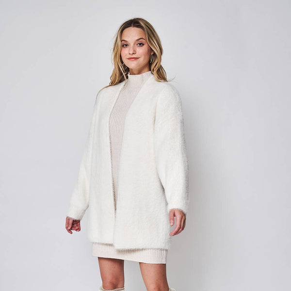 Fuzzy Open Front Knitted Cardigan - Ivory
