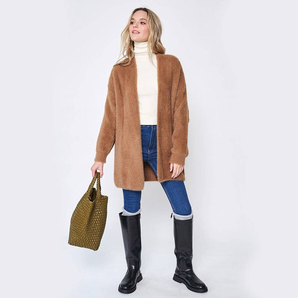 Fuzzy Open Front Knitted Cardigan - Camel