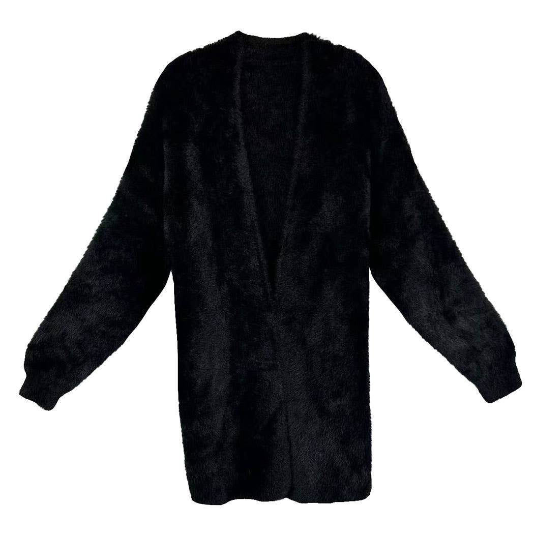 Fuzzy Open Front Knitted Cardigan - Black