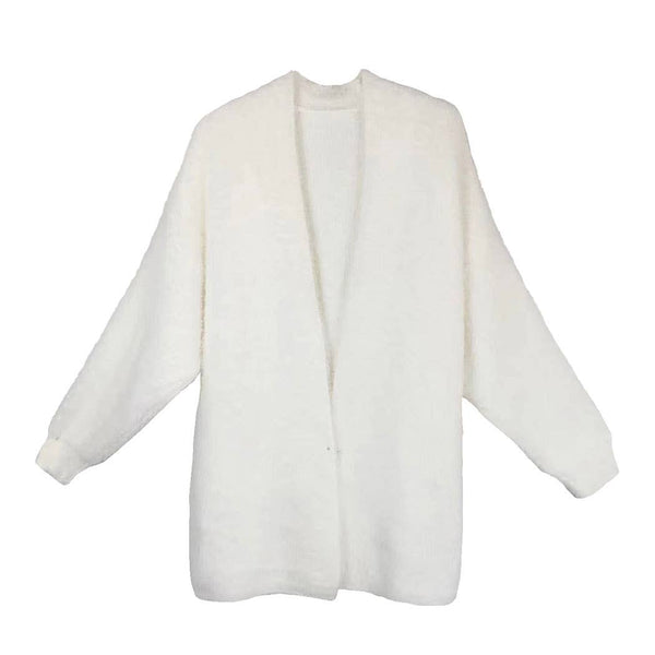 Fuzzy Open Front Knitted Cardigan - Ivory